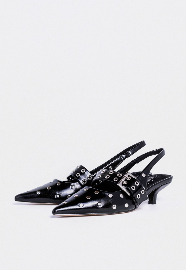 Zapatos destalonados negros de mujer Why Pink? m5772 en piel sintética con tachuelas y hebilla