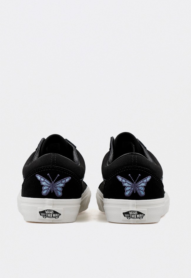 Zapatillas Vans Old Skool negras para mujer con mariposa bordada y cordones leopardo