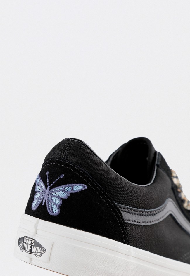 Zapatillas Vans Old Skool negras para mujer con mariposa bordada y cordones leopardo