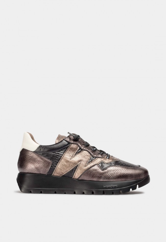 Zapatillas Wonders ODISEI 91 Plomo de mujer con piel metalizada y suela WondersFly™ ultraligera