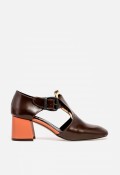 Zapato de tacón ancho de mujer Glo toten en piel marrón con detalle animal print — diseño geométrico y sofisticado