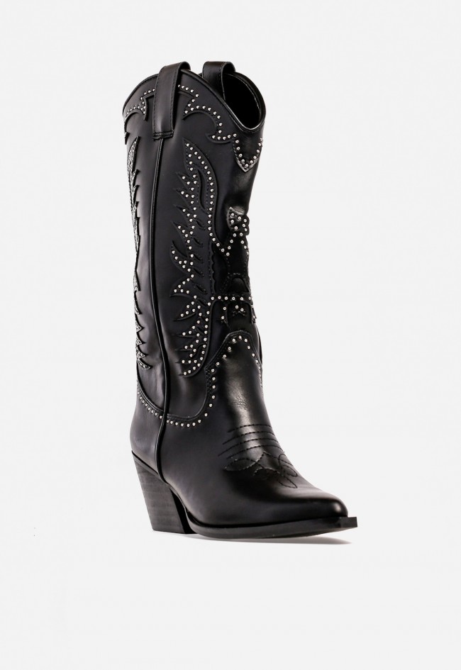 Bota cowboy WHY PINK? M5801 de mujer en piel sintética negra con tachuelas — carácter y estilo western