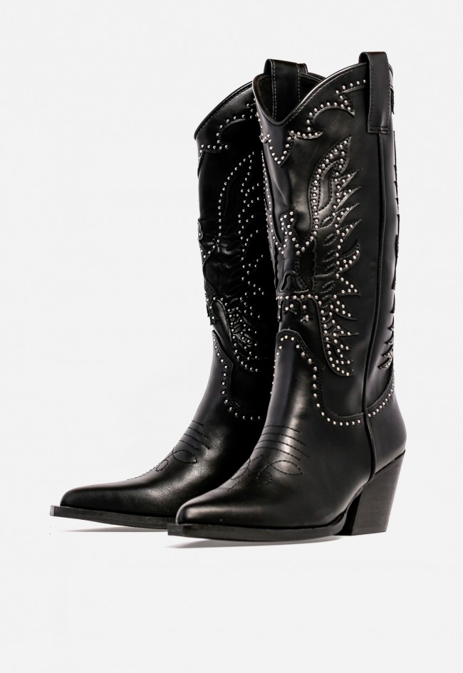 Bota cowboy WHY PINK? M5801 de mujer en piel sintética negra con tachuelas — carácter y estilo western