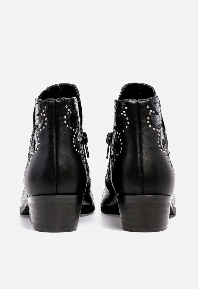 Botín cowboy WHY PINK? M5792 de mujer en piel sintética negra — diseño western con textura y brillo