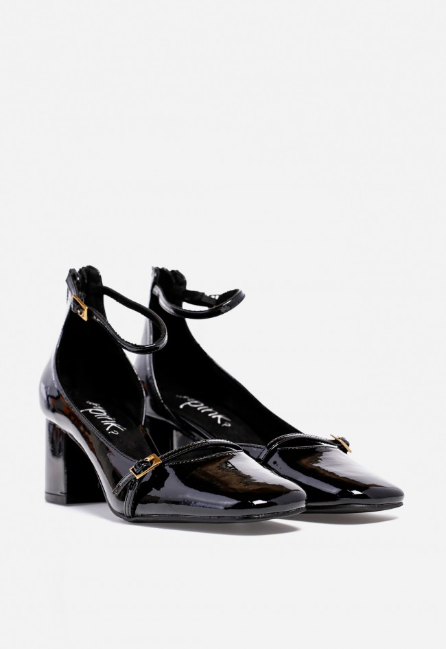 Zapato de vestir WHY PINK? M5750 de mujer en charol negro — tacón medio y pulsera al tobillo