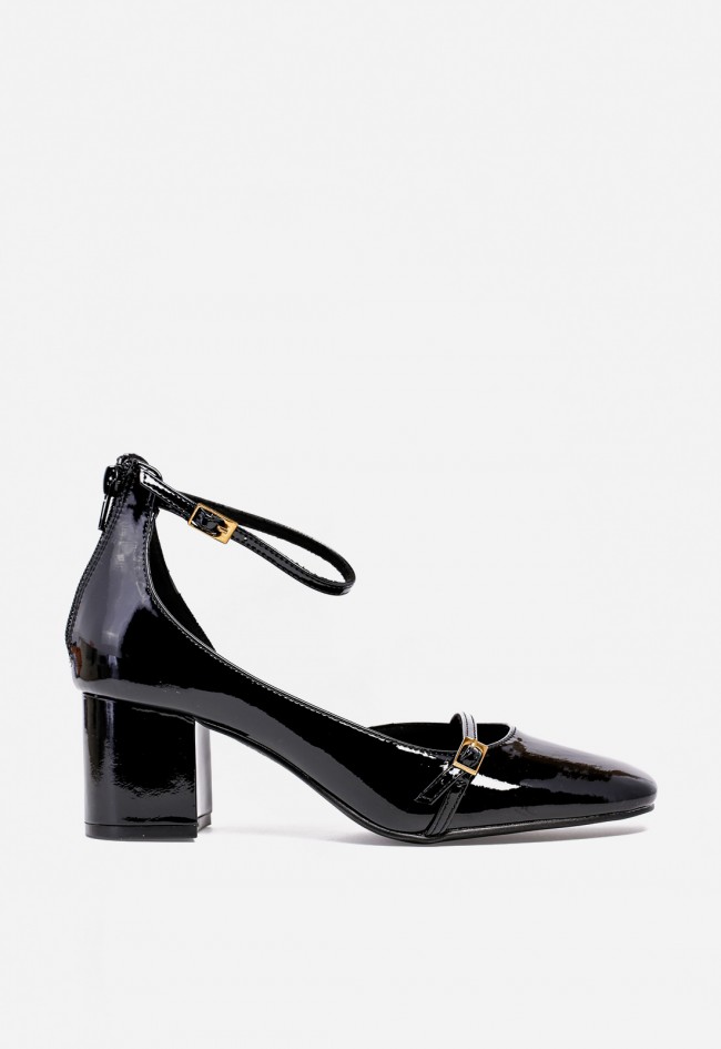 Zapato de vestir WHY PINK? M5750 de mujer en charol negro — tacón medio y pulsera al tobillo