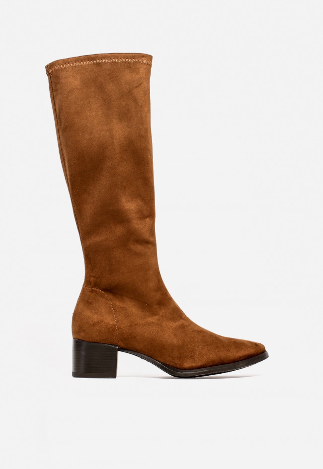 Bota MISS ELASTIC 78256 de mujer en textil elástico color camel — tacón medio y estilo sofisticado