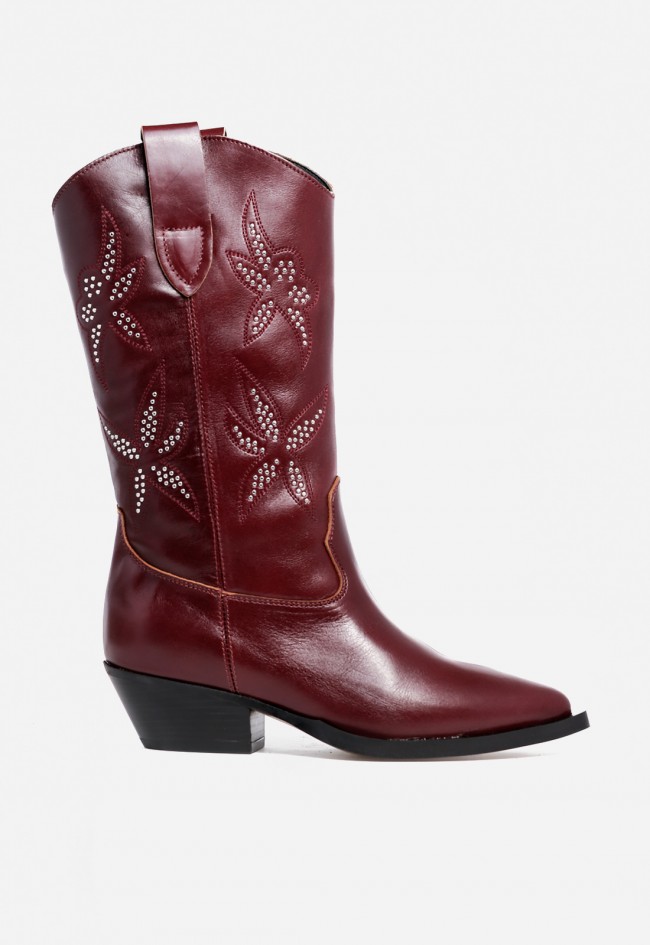 Bota cowboy mujer piel burdeos ALPE Western – caña media y tacón cómodo