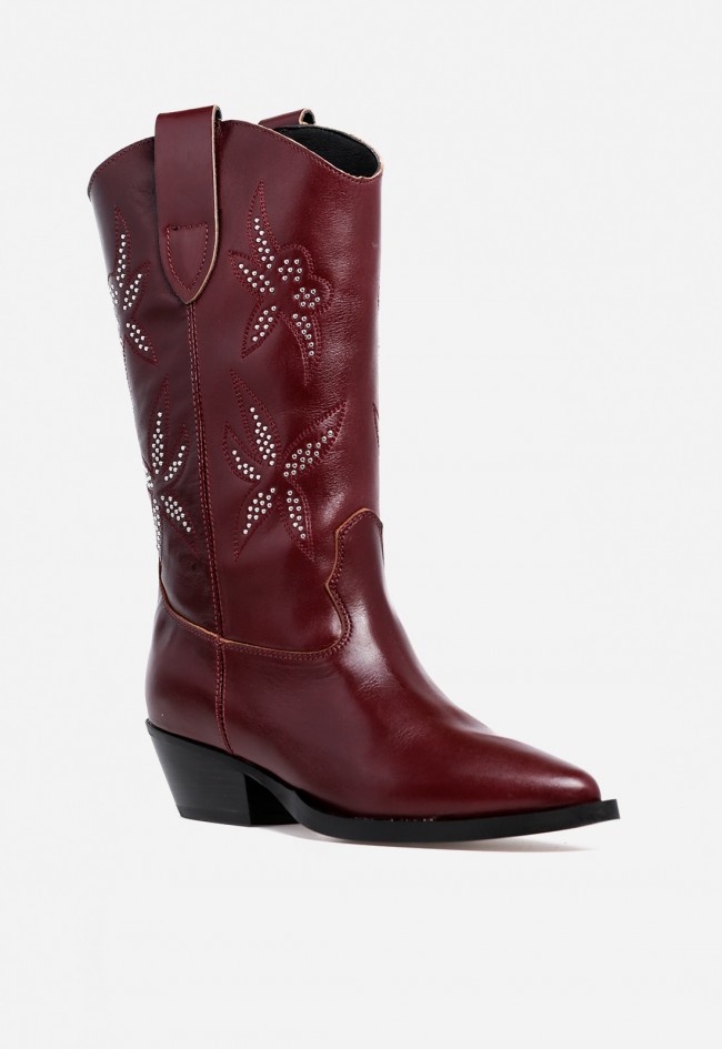 Bota cowboy mujer piel burdeos ALPE Western – caña media y tacón cómodo