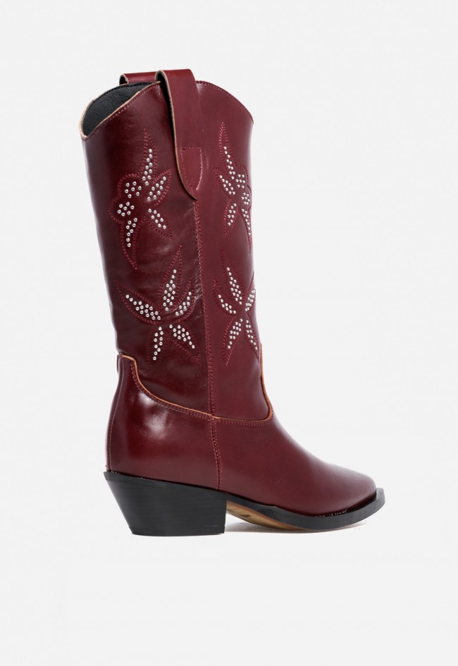 Bota cowboy mujer piel burdeos ALPE Western – caña media y tacón cómodo