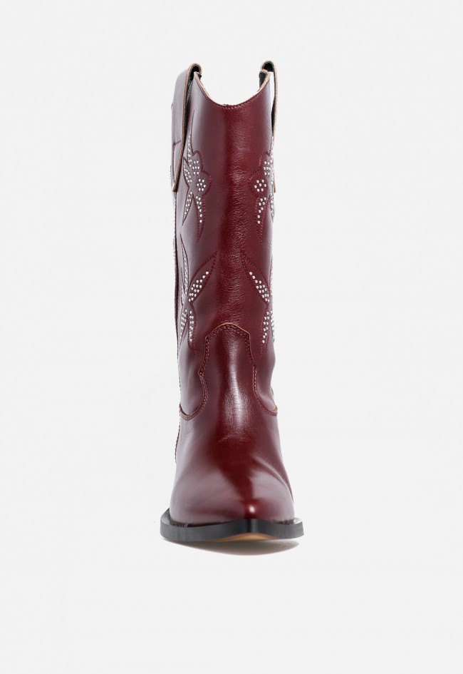 Bota cowboy mujer piel burdeos ALPE Western – caña media y tacón cómodo