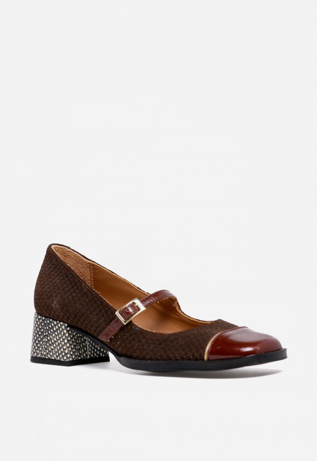 Zapato mujer piel marrón Nemonic 2234 con pulsera T-bar y tacón estampado – estilo retro elegante