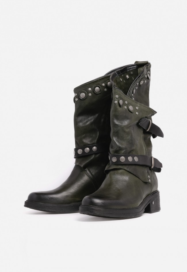 Bota biker mujer GLO venezia 36004 de piel verde oscuro – estilo motero con toque diferencial