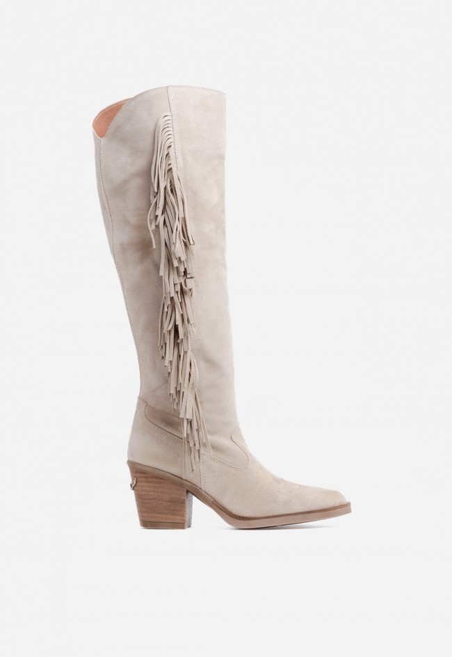 Bota cowboy mujer Nemonic 2508 de piel taupe con flecos – estilo western boho