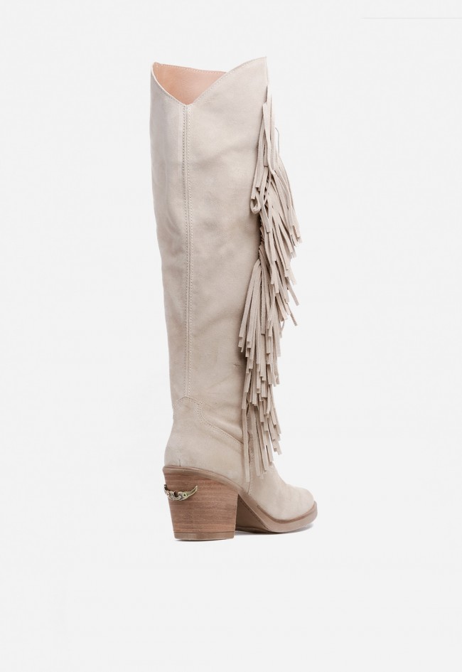 Bota cowboy mujer Nemonic 2508 de piel taupe con flecos – estilo western boho