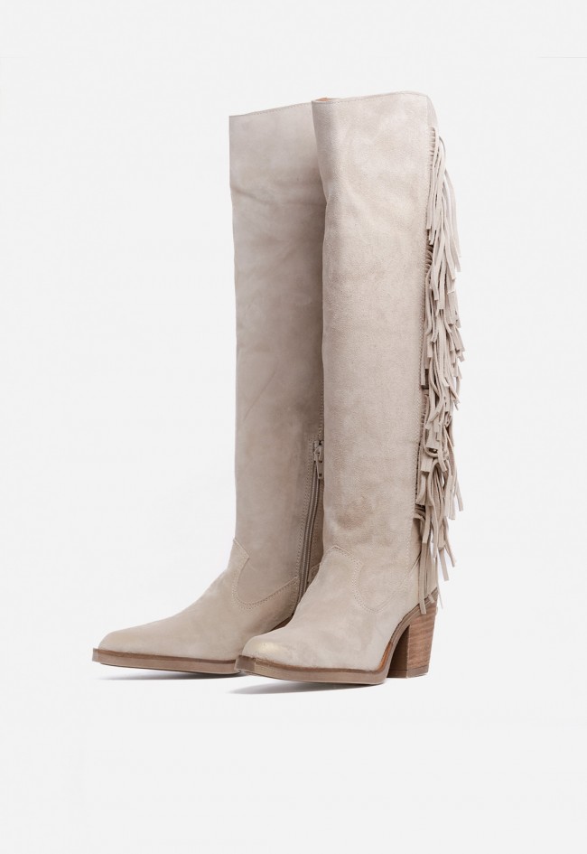Bota cowboy mujer Nemonic 2508 de piel taupe con flecos – estilo western boho