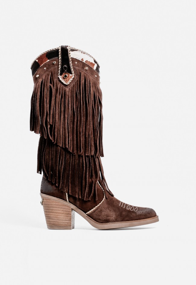 Bota cowboy mujer Nemonic 2279 de piel marrón con flecos – estilo western auténtico