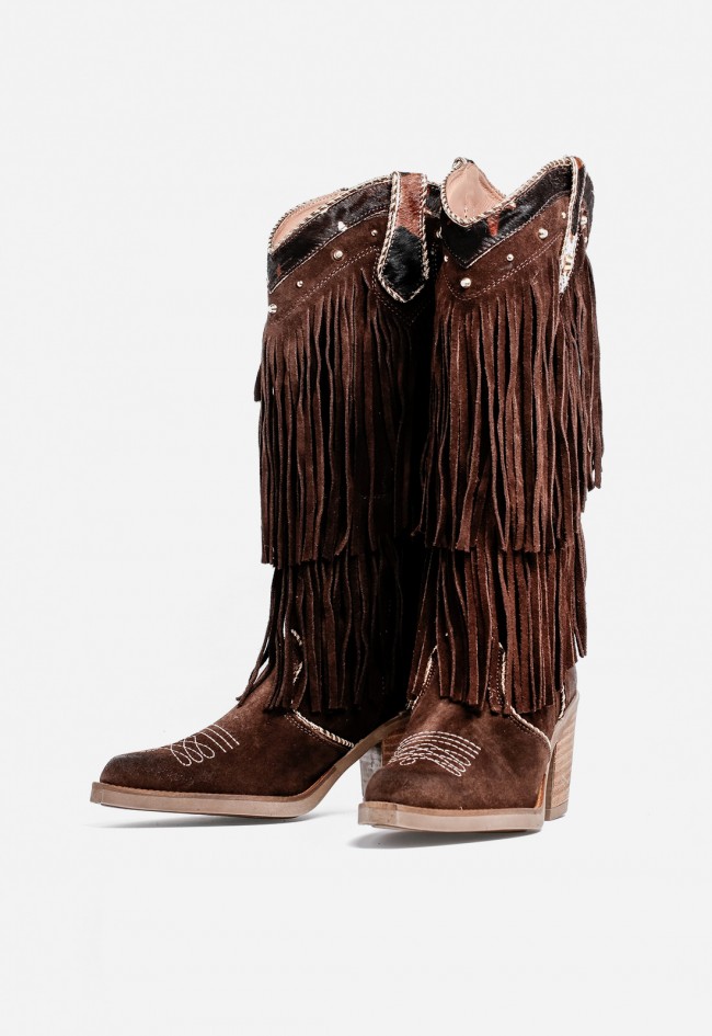 Bota cowboy mujer Nemonic 2279 de piel marrón con flecos – estilo western auténtico