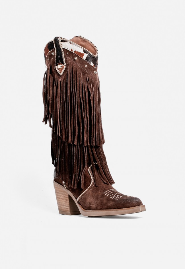 Bota cowboy mujer Nemonic 2279 de piel marrón con flecos – estilo western auténtico
