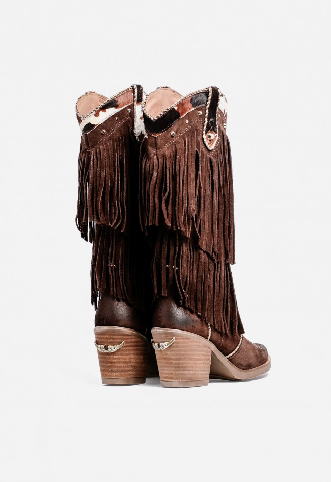 Bota cowboy mujer Nemonic 2279 de piel marrón con flecos – estilo western auténtico