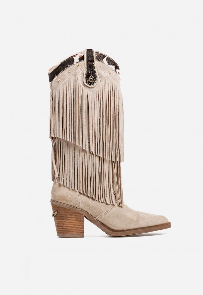 Bota mujer cowboy taupe de piel con flecos Nemonic 2279 – estilo western con toque premium