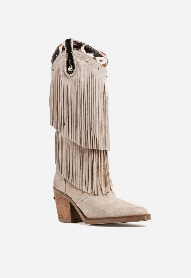 Bota mujer cowboy taupe de piel con flecos Nemonic 2279 – estilo western con toque premium
