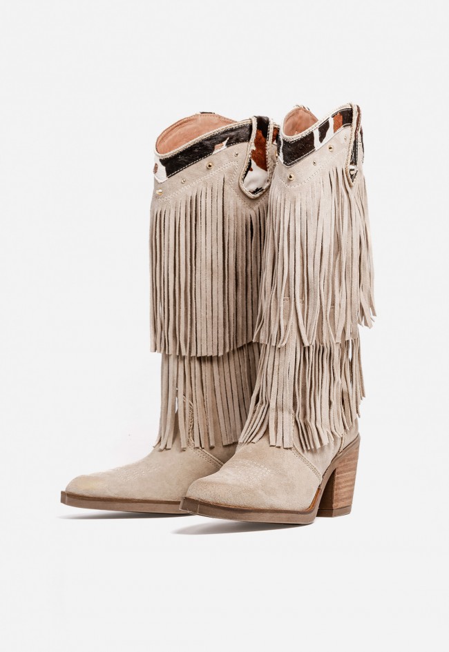 Bota mujer cowboy taupe de piel con flecos Nemonic 2279 – estilo western con toque premium