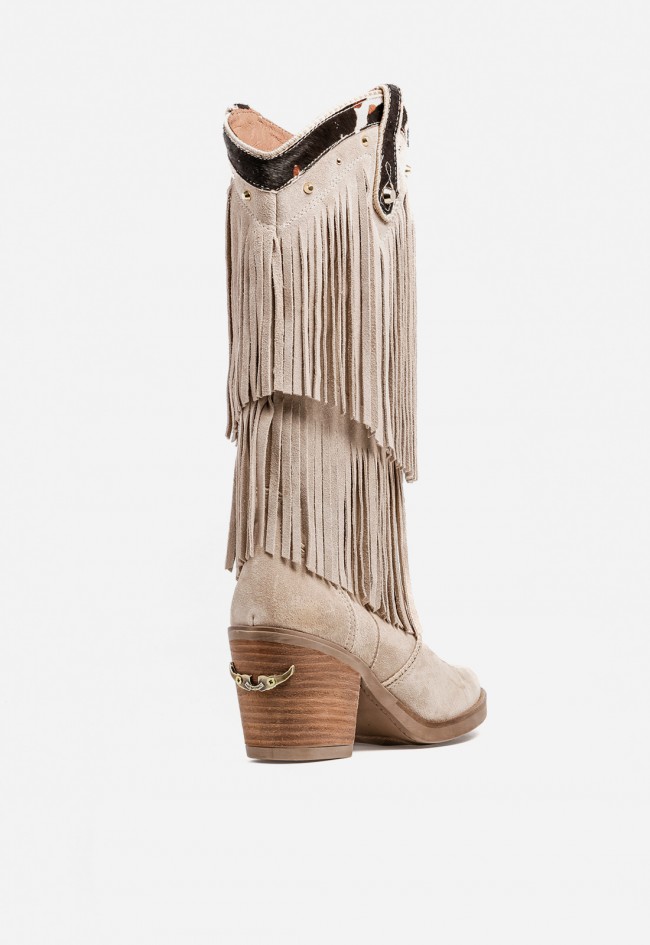 Bota mujer cowboy taupe de piel con flecos Nemonic 2279 – estilo western con toque premium