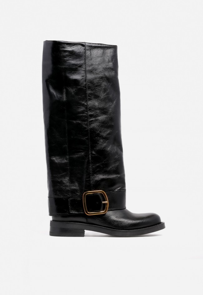 Bota de mujer negra de piel GLO Berino – estilo biker elegante con hebilla XL