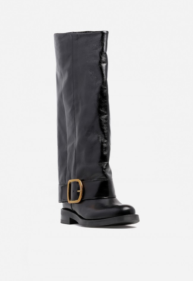 Bota de mujer negra de piel GLO Berino – estilo biker elegante con hebilla XL