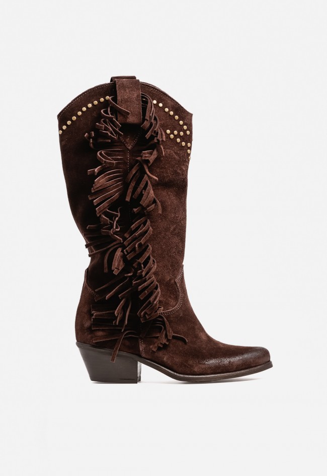 Bota de mujer cowboy moka de piel GLO Alfred – flecos y tachuelas para un look boho-western irresistible