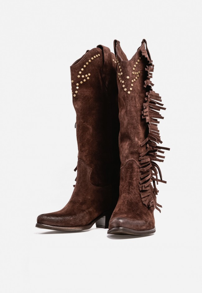 Bota de mujer cowboy moka de piel GLO Alfred – flecos y tachuelas para un look boho-western irresistible