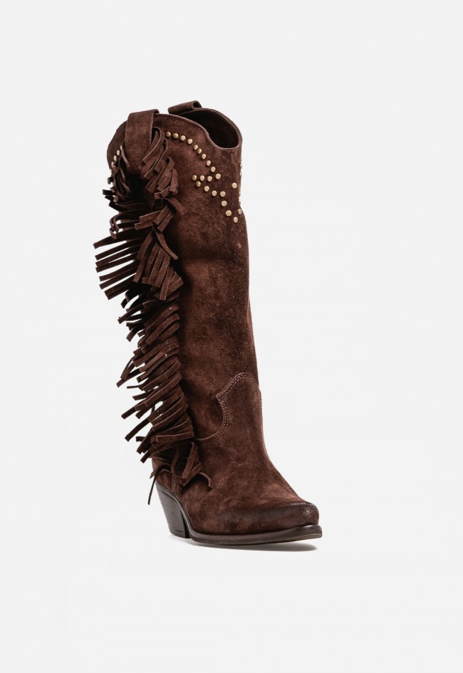 Bota de mujer cowboy moka de piel GLO Alfred – flecos y tachuelas para un look boho-western irresistible