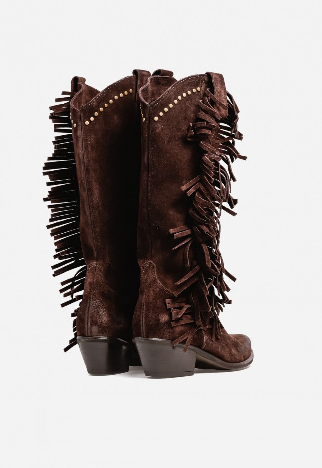Bota de mujer cowboy moka de piel GLO Alfred – flecos y tachuelas para un look boho-western irresistible