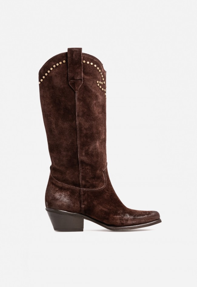 Bota de mujer cowboy moka de piel GLO Alfred – flecos y tachuelas para un look boho-western irresistible