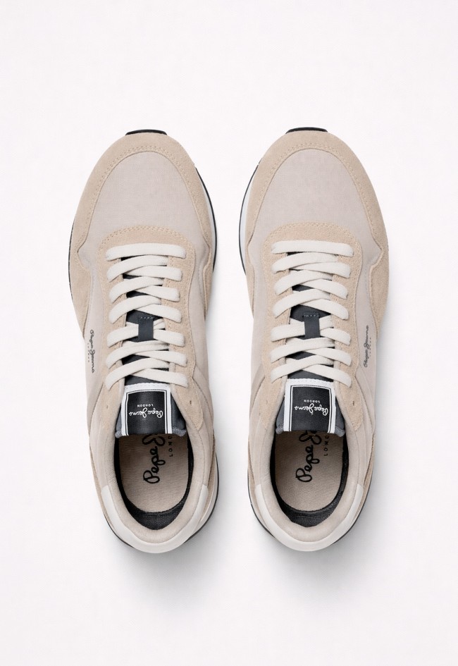 Zapatillas Pepe Jeans pms400037 de hombre en color beige con piel y ante estilo running urbano