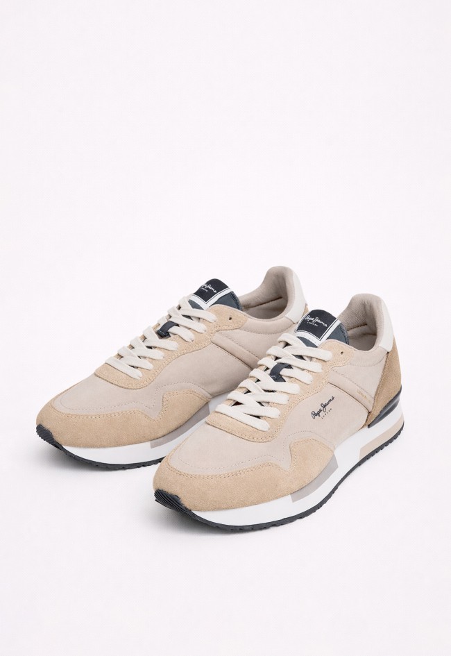 Zapatillas Pepe Jeans pms400037 de hombre en color beige con piel y ante estilo running urbano
