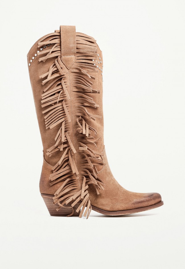 Bota cowboy de mujer con flecos en piel color cuero GLO Alfred – estilo western premium