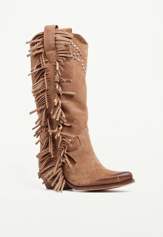 Bota cowboy de mujer con flecos en piel color cuero GLO Alfred – estilo western premium