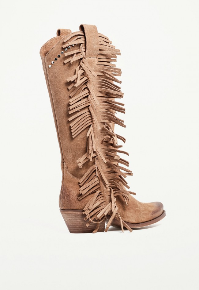 Bota cowboy de mujer con flecos en piel color cuero GLO Alfred – estilo western premium