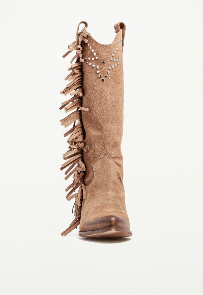 Bota cowboy de mujer con flecos en piel color cuero GLO Alfred – estilo western premium