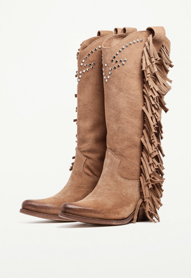 Bota cowboy de mujer con flecos en piel color cuero GLO Alfred – estilo western premium