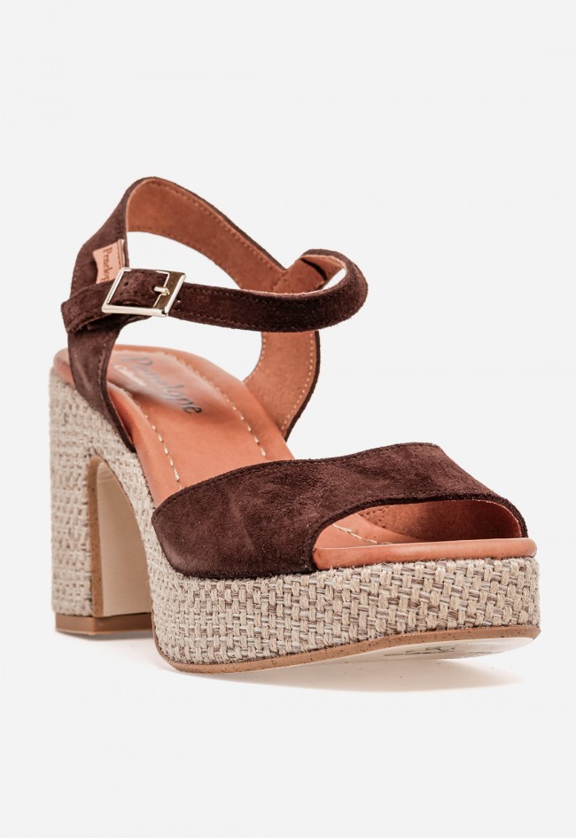 Sandalia de tacón mujer Penélope 6459 – sandalia de piel color moka con plataforma y tacón ancho