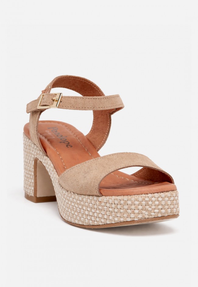 Sandalia de tacón mujer Penélope 6461 – sandalia de piel beige con plataforma y tacón ancho