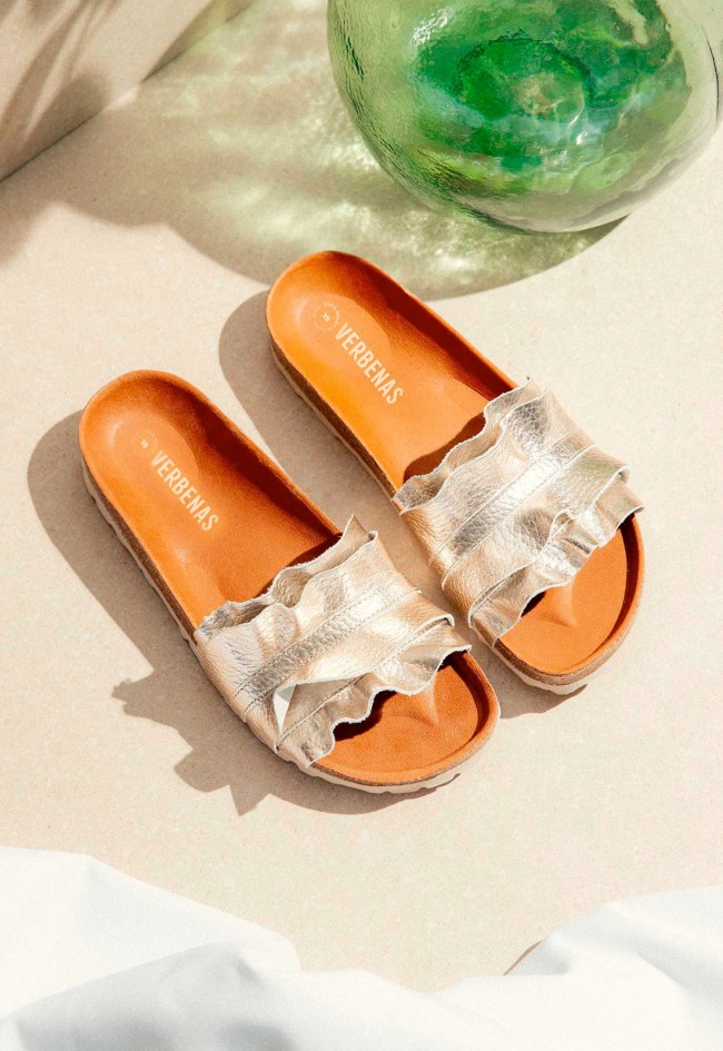 Sandalias Verbenas Rocio Volante oro mujer – sandalia de piel metalizada con doble volante