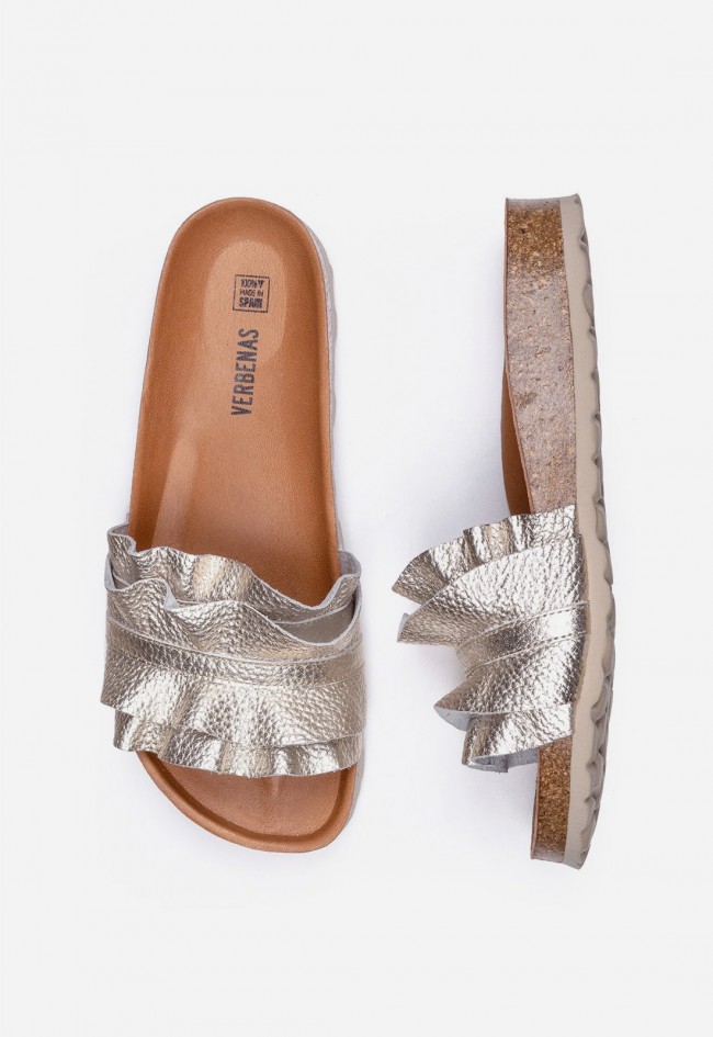 Sandalias Verbenas Rocio Volante oro mujer – sandalia de piel metalizada con doble volante