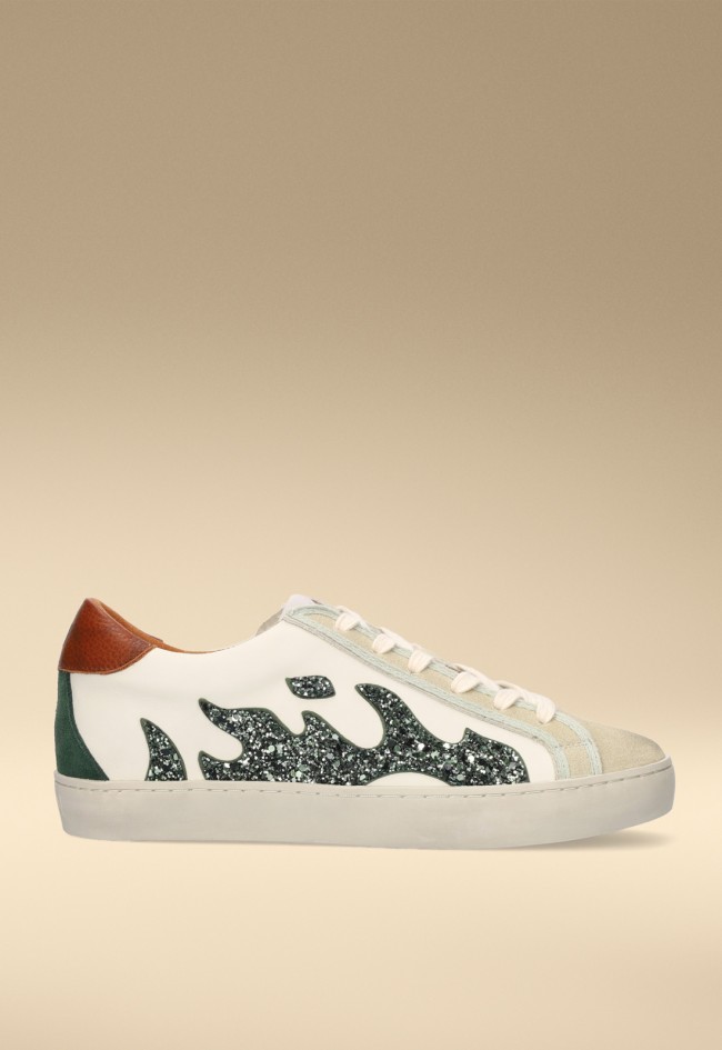 Zapatillas GAMIN Dopamine mujer blancas con glitter verde – sneaker premium piel y serraje