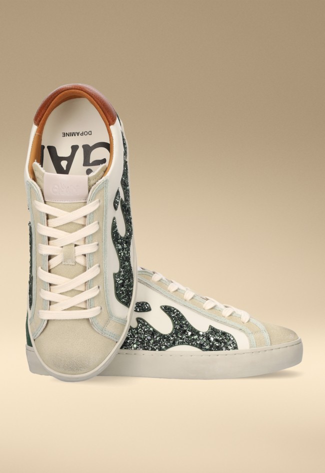 Zapatillas GAMIN Dopamine mujer blancas con glitter verde – sneaker premium piel y serraje