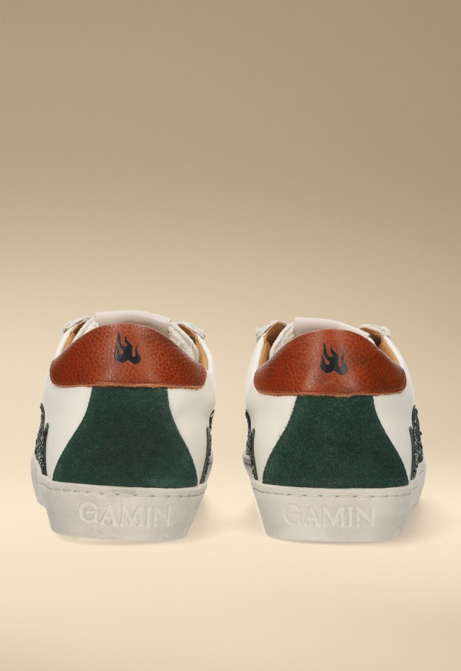 Zapatillas GAMIN Dopamine mujer blancas con glitter verde – sneaker premium piel y serraje