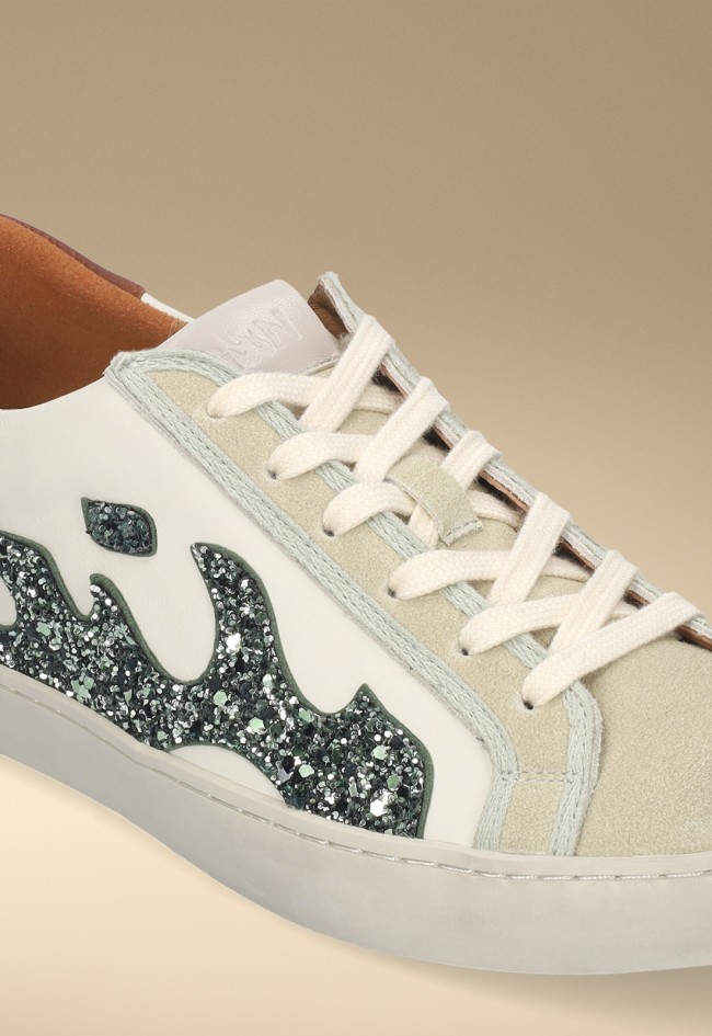 Zapatillas GAMIN Dopamine mujer blancas con glitter verde – sneaker premium piel y serraje